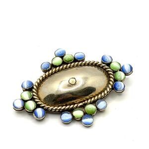 Vintage 90s Blue Green Cat Eye Glass Gold Tone Rope Twist Western Brooch Pin